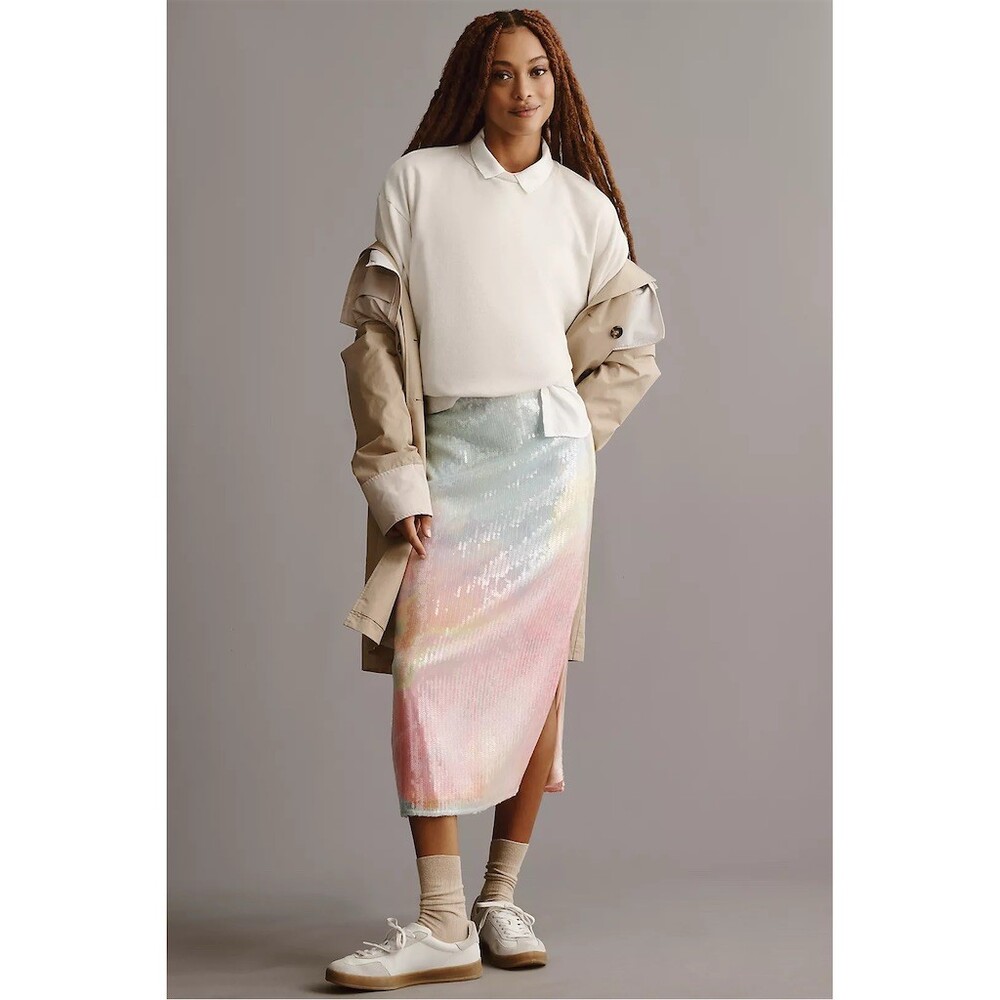 Hutch Anthropologie Rainbow Ombré Sequin Mesh Midi Slip Skirt Size M - Picture 2 of 11
